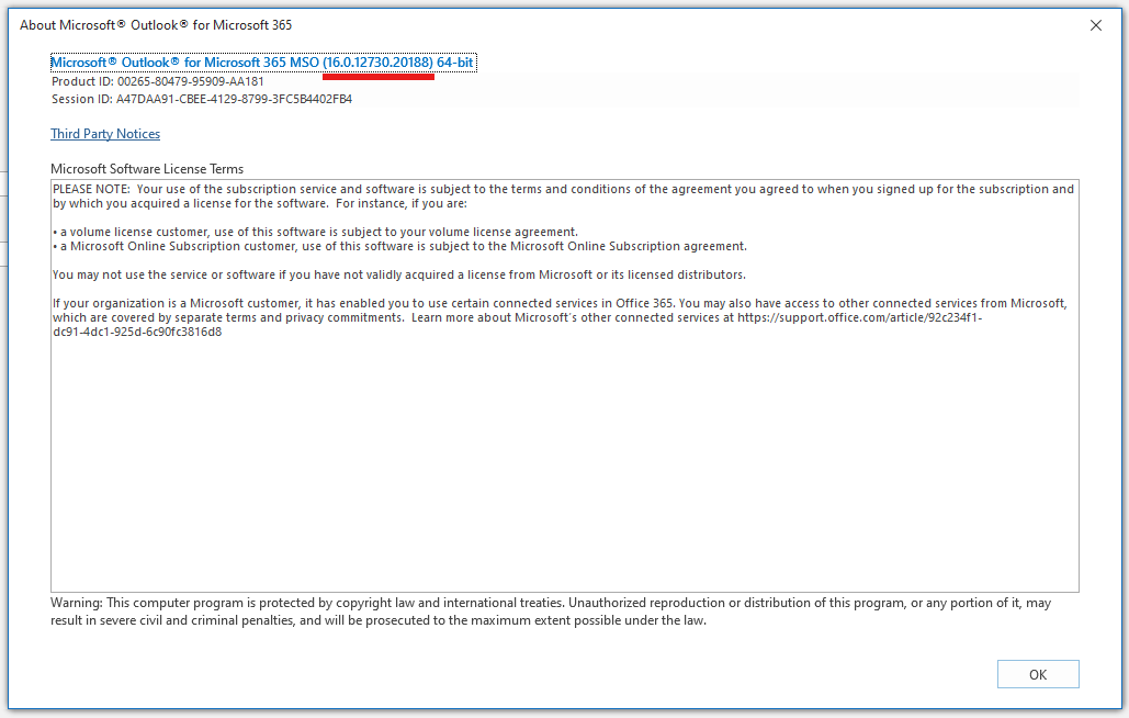 Outlook Version 16.0.12730.20188