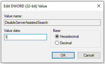 Registry Add DWORD DisableServerAssistedSearch